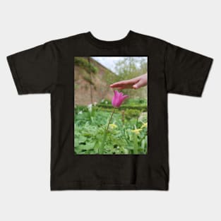 Red Tulip flower and kids hand Kids T-Shirt